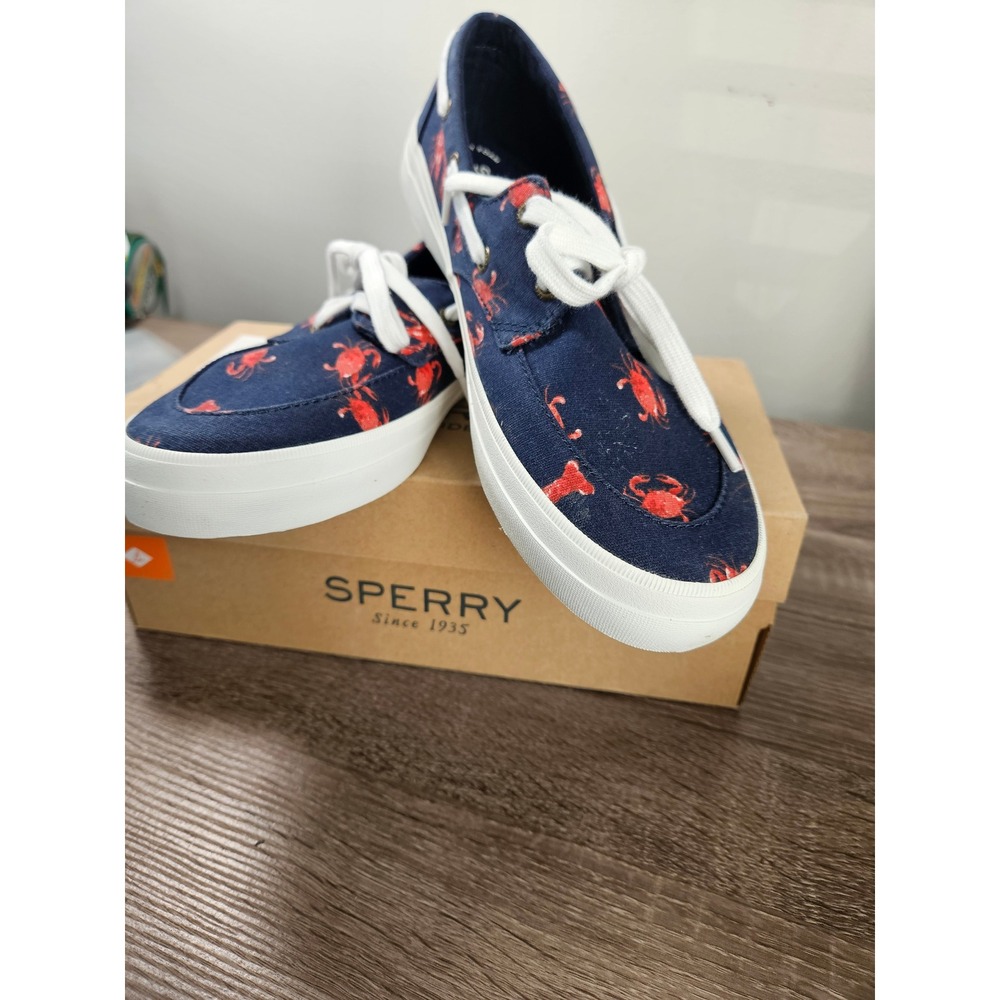 Sperry Womens Navy Blue Lobster Crab Print Canvas Boat Shoes Memory Foam 9.5